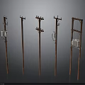 Different Wooden Electric Poles With Power Transformers And Utility Crossarms
