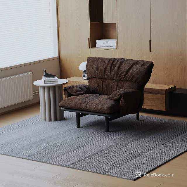 Brown Fabric Lounge Chair In Modern Living Room With Wooden Side Table And Gray Rug 3d model 