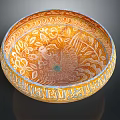Intricate Ceramic Bowl With Orange Yellow Floral Peacock Patterns And Blue Rim Decoration