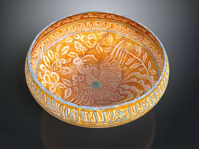 Intricate Ceramic Bowl With Orange Yellow Floral Peacock Patterns And Blue Rim Decoration 3d model