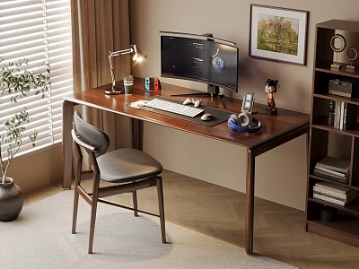Modern Home Office Desk With Computer Monitor Lamp Ergonomic Chair Bookshelf And Potted Plant 3d model
