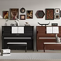 Modern Interior With Black Brown Pianos And Various Shaped Framed Paintings On Wall