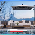 Outdoor Sofa With Cozy Pillows And Wooden Chairs Under Patio Umbrella By Pool