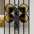Transparent Glass Partition With Golden Circular Decorations And Geometric Metal Frames