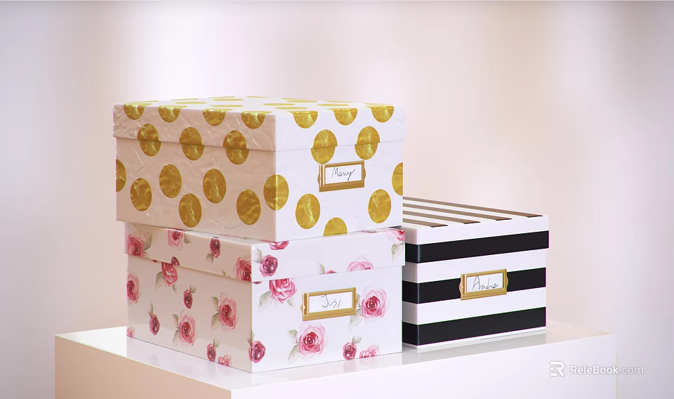 Stylish Storage Boxes Featuring Gold Polka Dots Pink Roses Striped Patterns And Labels 3d model