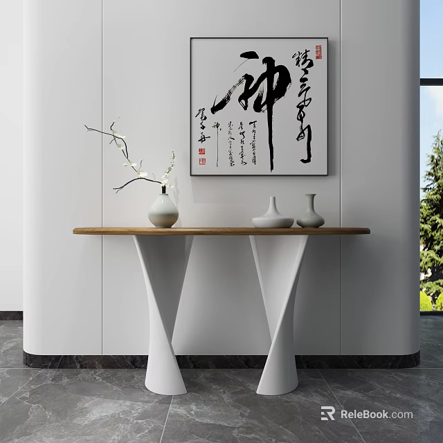 Minimalist Console Table With Chinese Calligraphy Art And Ceramic Vases In Modern Interior 3d model 