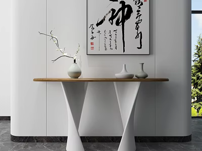 Minimalist Console Table With Chinese Calligraphy Art And Ceramic Vases In Modern Interior 3d model