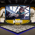 Gaming Character Display Area With Large Screen Figurine Cases Industrial Ceiling Pipes And Kamon Logo