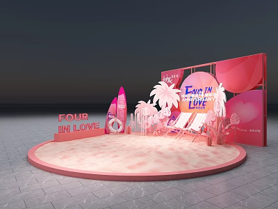 Pink Exhibition Booth Featuring Four In Love Enjoy IN LIFE Signs Palm Trees Surfboard Decorations 3d model