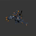 Blue Yellow And Orange Cybernetic Robot Character With Sharp Weapon And Mechanical Limbs