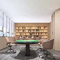 Modern Bright Minimalist Office Reception With Circular Ceiling Lights And Blue Gradient Accent Wall