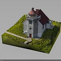 White Lighthouse Building With Red Roof Tower Green Grass And Pathway