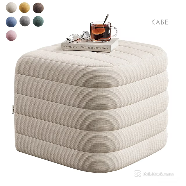 Ribbed Beige Upholstered Ottoman with Glasses Book and Tea Cup for Living Room 3d model 