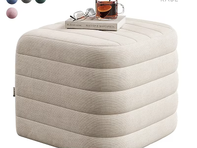 Ribbed Beige Upholstered Ottoman with Glasses Book and Tea Cup for Living Room 3d model