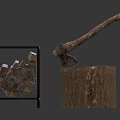 Wooden Logs In Metal Basket Alongside Tree Stump And Axe With Wooden Handle