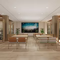 Comfortable Hospital Outpatient Clinic Interior With Wooden Ceiling Lighting Tables Chairs Potted Plants And Windows