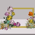 Colorful Flower Decorated Photo Check In Spot With Yellow Frame And Modern Building Background