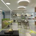 Modern Break Room Interior Design With Tables Chairs Plants Windows And Wooden Shelves