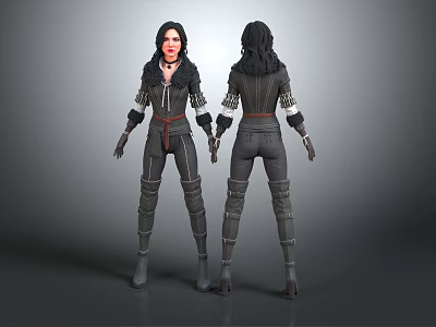 Two Detailed Female Characters In Black Outfit With Belt Gloves Front Back View 3d model