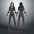 Two Detailed Female Characters In Black Outfit With Belt Gloves Front Back View