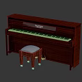 Classic Bell & Howell Dark Wooden Upright Piano with White Cushioned Stool and Elegant Design