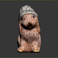 Ceramic Rabbit Figurine Wearing Patterned Hat With Orange White Fish Scale Design And Golden Paws 3d model