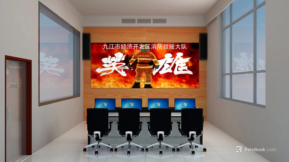 Fire Rescue Monitoring Room With Large Screen Firefighter Image And Computers 3d model 