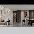 Duplex Living Room Interior With Modern Sofa Coffee Table Marble Staircase Floor-to-Ceiling Windows And Chandelier