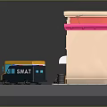 Cartoon Town Scene Featuring Colorful Market Pink Building Yellow School Bus Ambulance SWAT Police Car