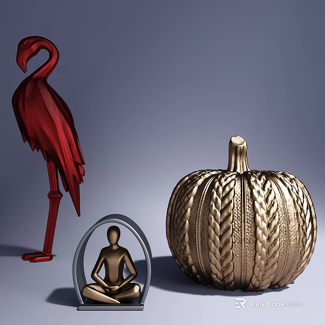 Intricate Sculpture Carvings Featuring Red Flamingo Golden Pumpkin And Human Figure Designs 3d model 
