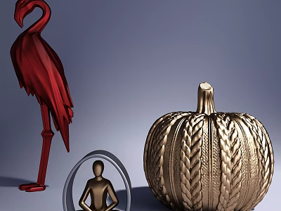 Intricate Sculpture Carvings Featuring Red Flamingo Golden Pumpkin And Human Figure Designs 3d model