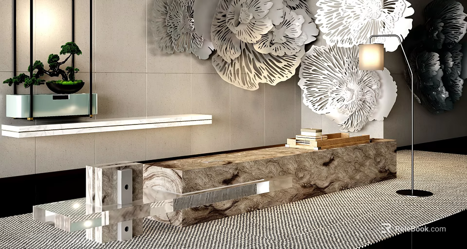 Modern Interior Stool With Marble Stone Top Metal Frame Near White Flower Wall 3d model 