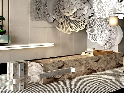 Modern Interior Stool With Marble Stone Top Metal Frame Near White Flower Wall 3d model