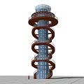 Red Spiral Staircase Structure With Metal Railings And Black Central Column