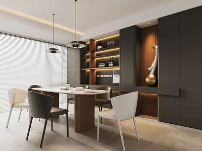 Modern Restaurant Interior Design With Dining Table Chairs Pendant Lights And Wine Shelves 3d model