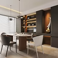 Modern Restaurant Interior Design With Dining Table Chairs Pendant Lights And Wine Shelves
