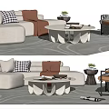 Modern Beige Sofa And Coffee Table Set With Checkered Pillows Round Table And Armchair 3d model