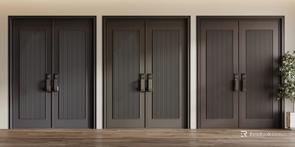 Dark Double Doors With Vertical Striped Design In Modern Wooden Interior 3d model 