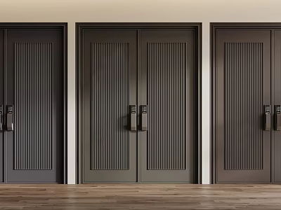 Dark Double Doors With Vertical Striped Design In Modern Wooden Interior 3d model