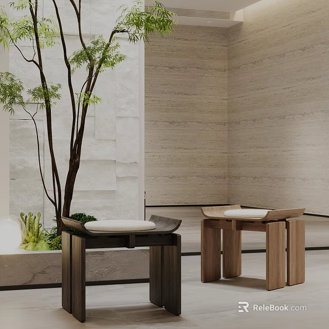 Modern Minimalist Indoor Stools With White Cushions Wooden Frames And Decorative Plant 3d model 