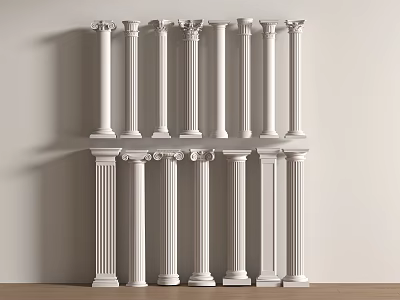 Classical Roman Columns Featuring Ornate Capitals and Fluted Shafts on Wooden Surface 3d model