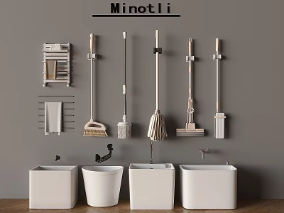 Bathroom Accessories Including Hanging Cleaning Tools On Gray Wall With White Mop Sinks 3d model