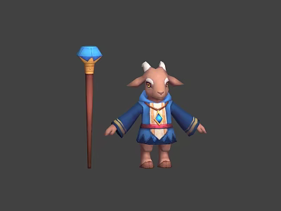 Cute Goat Wizard Character In Blue Robe Holding Magic Staff 3d model