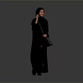 Woman in Black Abaya and Hijab Holding Small Handbag Against Gray Background