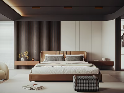 Modern Bedroom Interior With Brown Headboard Wooden Panel White Wall And Checkered Stool 3d model