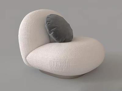 White Bouclé Fabric Lounge Chair With Gray Pillow And Rounded Comfort Design 3d model