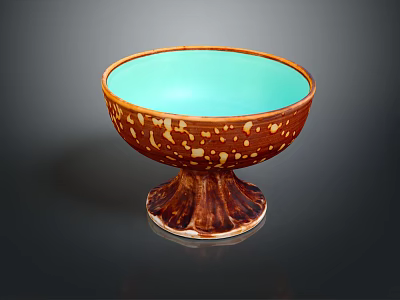 Ceramic Footed Bowl with Brown Spotted Exterior and Turquoise Interior 3d model