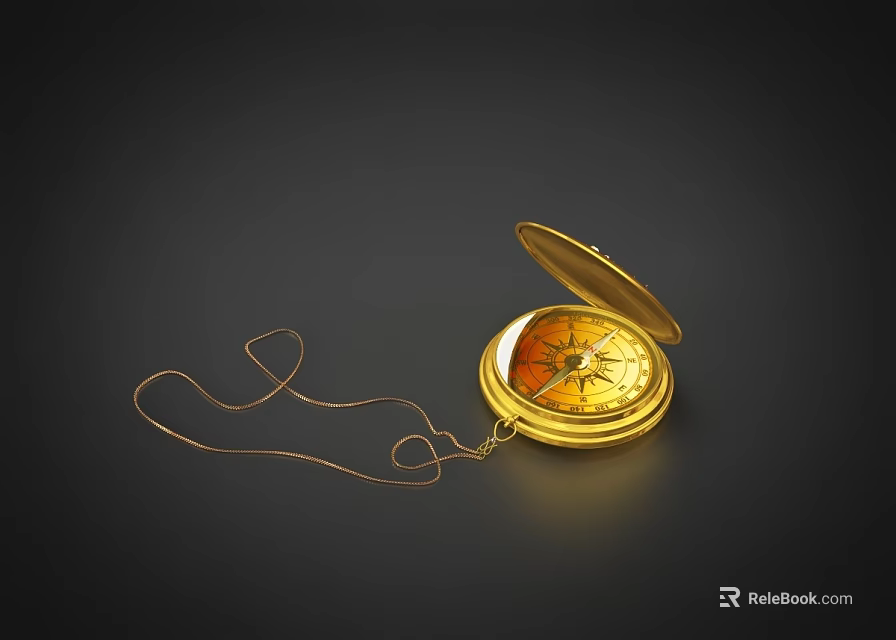 Vintage Golden Pocket Watch With Open Case Long Chain And Yellow Dial On Dark Background 3d model 