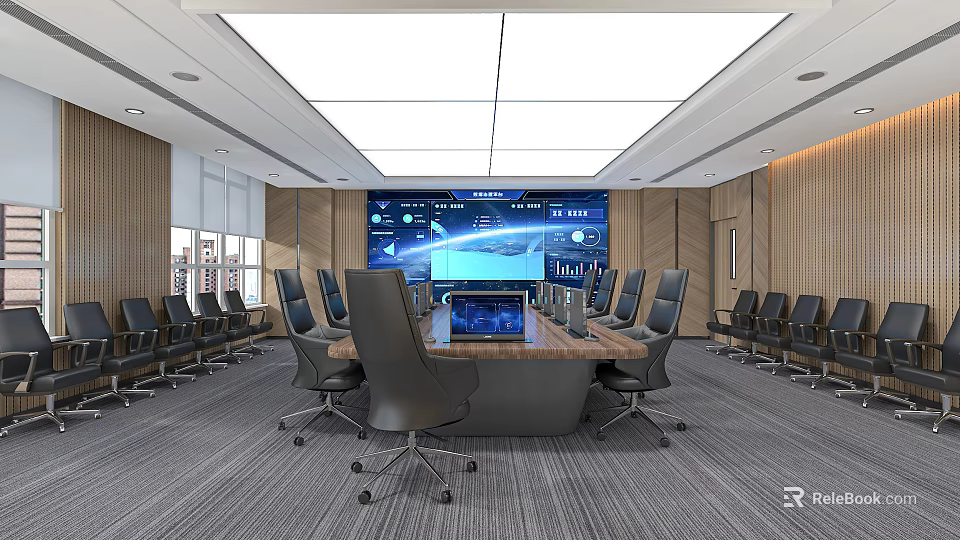 Modern Conference Room Interior With Large Screen Conference Table And Leather Chairs 3d model 