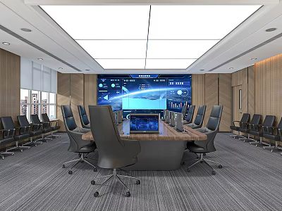 Modern Conference Room Interior With Large Screen Conference Table And Leather Chairs 3d model